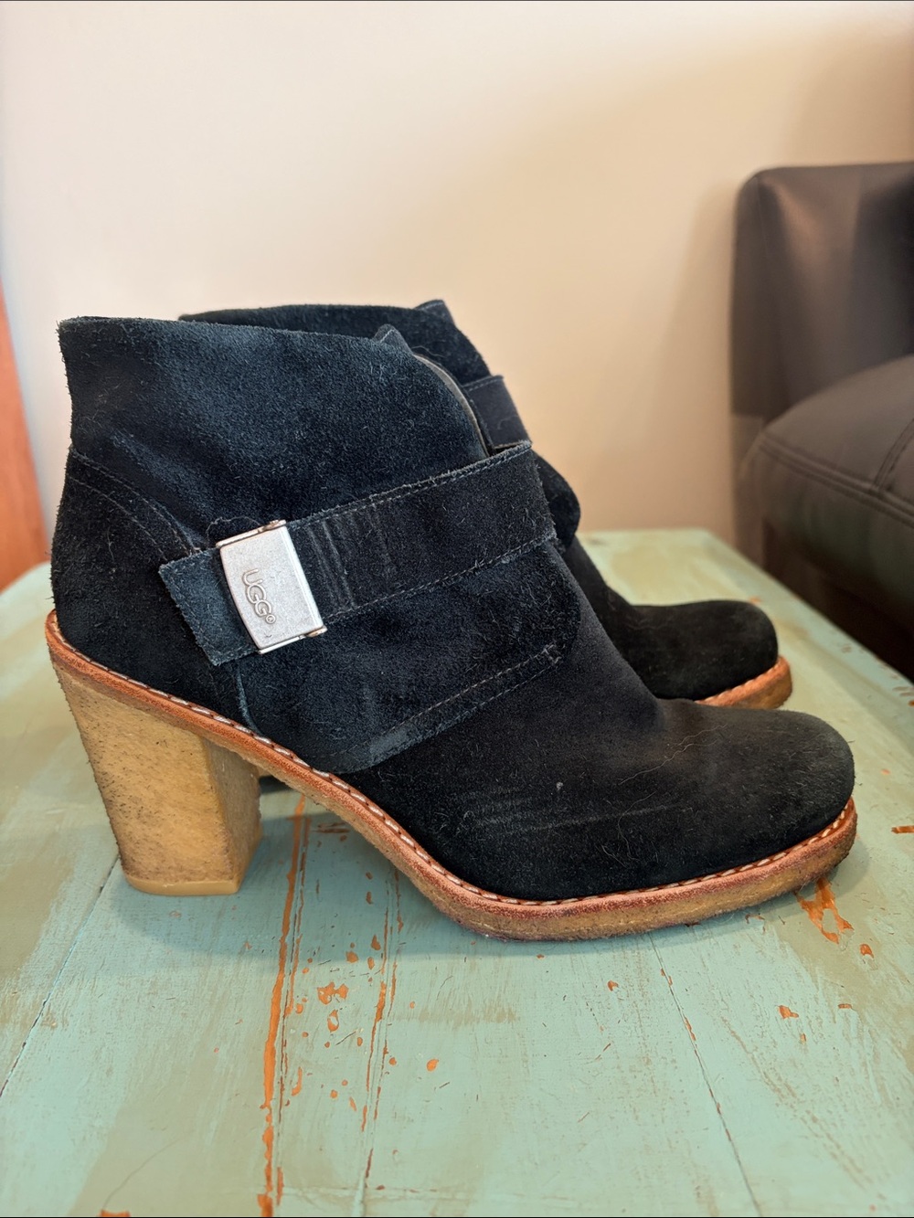 UGG Black Suede Ankle Booties with Strap and Block Heel